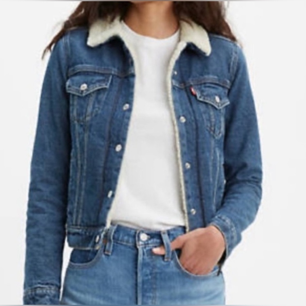 Levi's Sherpa Lined Blue Jeans Denim Cropped Fit Jacket XS Excellent Condition